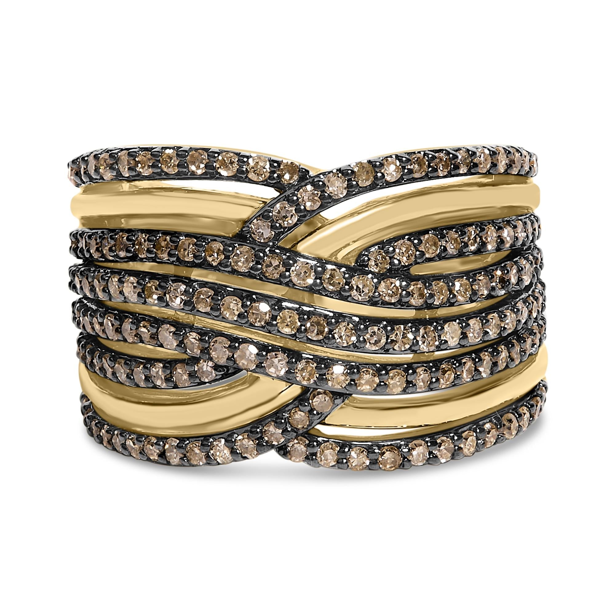 10K Yellow Gold Plated .925 Sterling Silver 1.0 Cttw Champagne Diamond Multi Row Cross Over Band Ring
