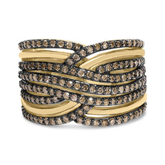 10K Yellow Gold Plated .925 Sterling Silver 1.0 Cttw Champagne Diamond Multi Row Cross Over Band Ring