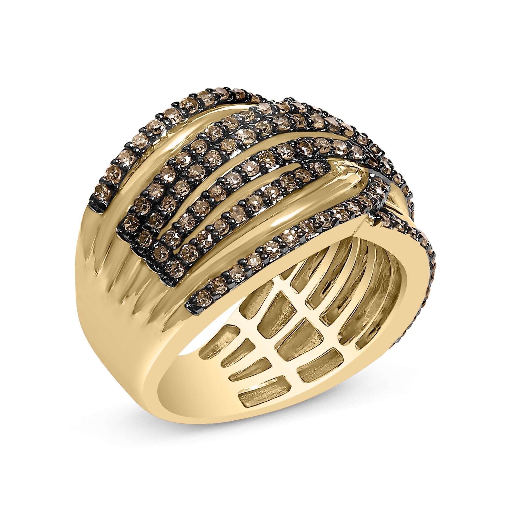 10K Yellow Gold Plated .925 Sterling Silver 1.0 Cttw Champagne Diamond Multi Row Cross Over Band Ring