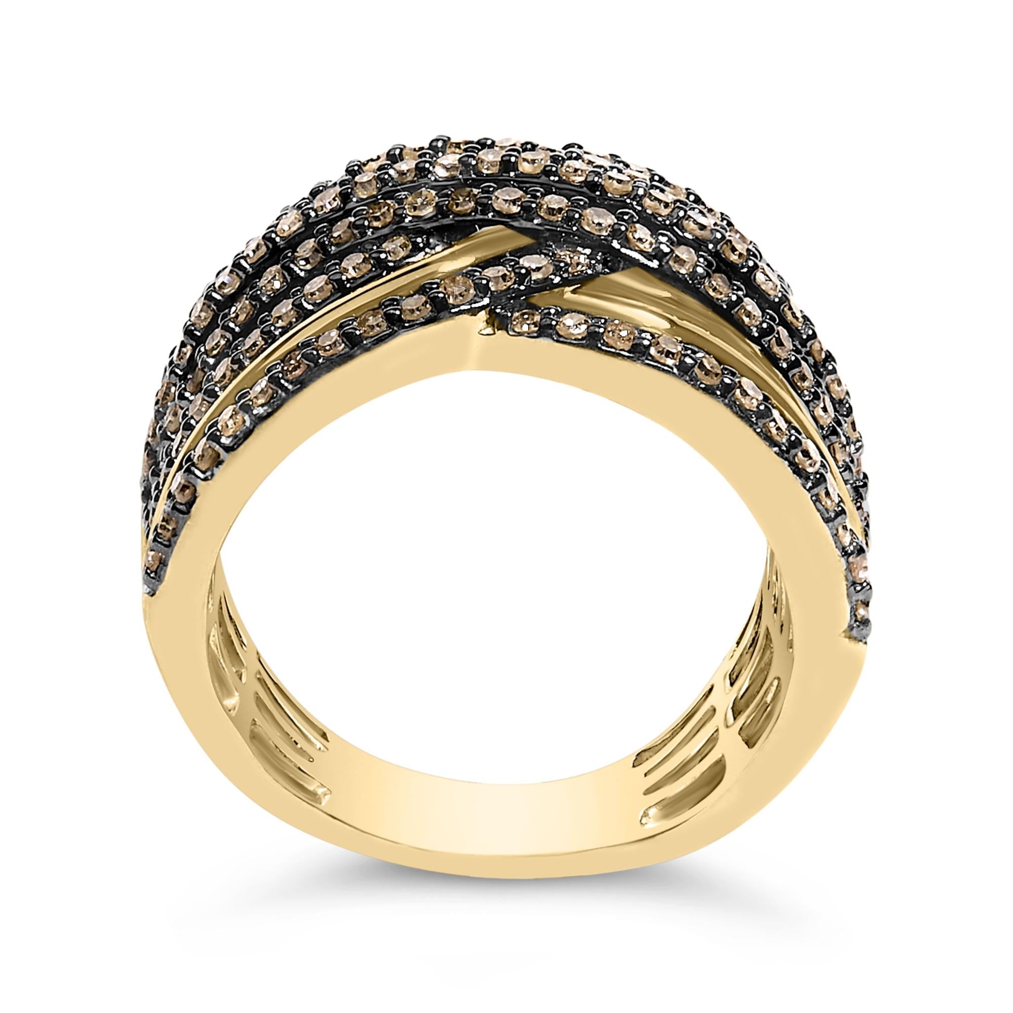 10K Yellow Gold Plated .925 Sterling Silver 1.0 Cttw Champagne Diamond Multi Row Cross Over Band Ring
