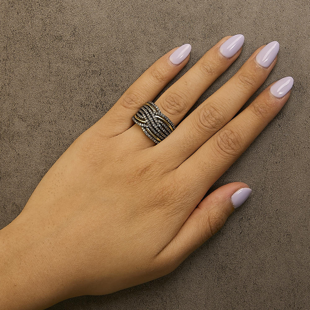 10K Yellow Gold Plated .925 Sterling Silver 1.0 Cttw Champagne Diamond Multi Row Cross Over Band Ring