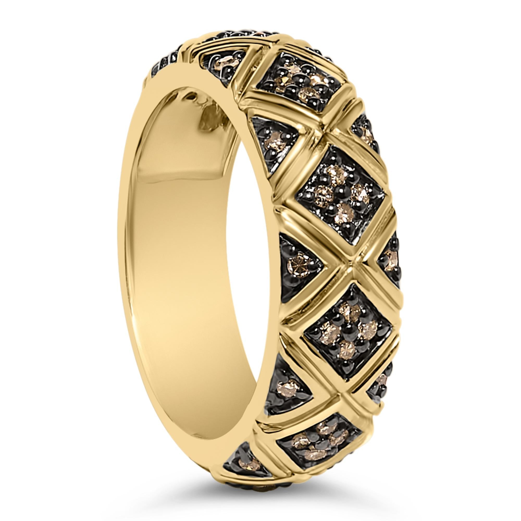 10K Yellow Gold Plated .925 Sterling Silver 3/8 Cttw Champagne Diamond Geometric Style Band Ring