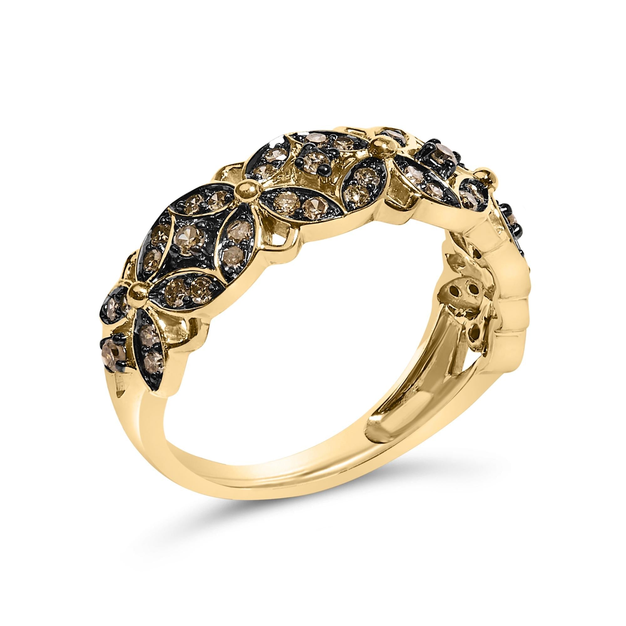 10K Yellow Gold Plated .925 Sterling Silver 3/8 Cttw Champagne Diamond Lattice Work Band Ring