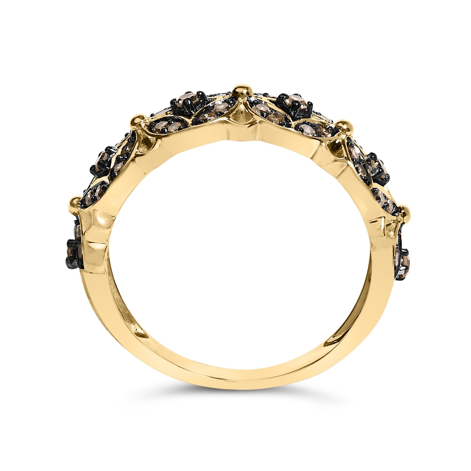 10K Yellow Gold Plated .925 Sterling Silver 3/8 Cttw Champagne Diamond Lattice Work Band Ring