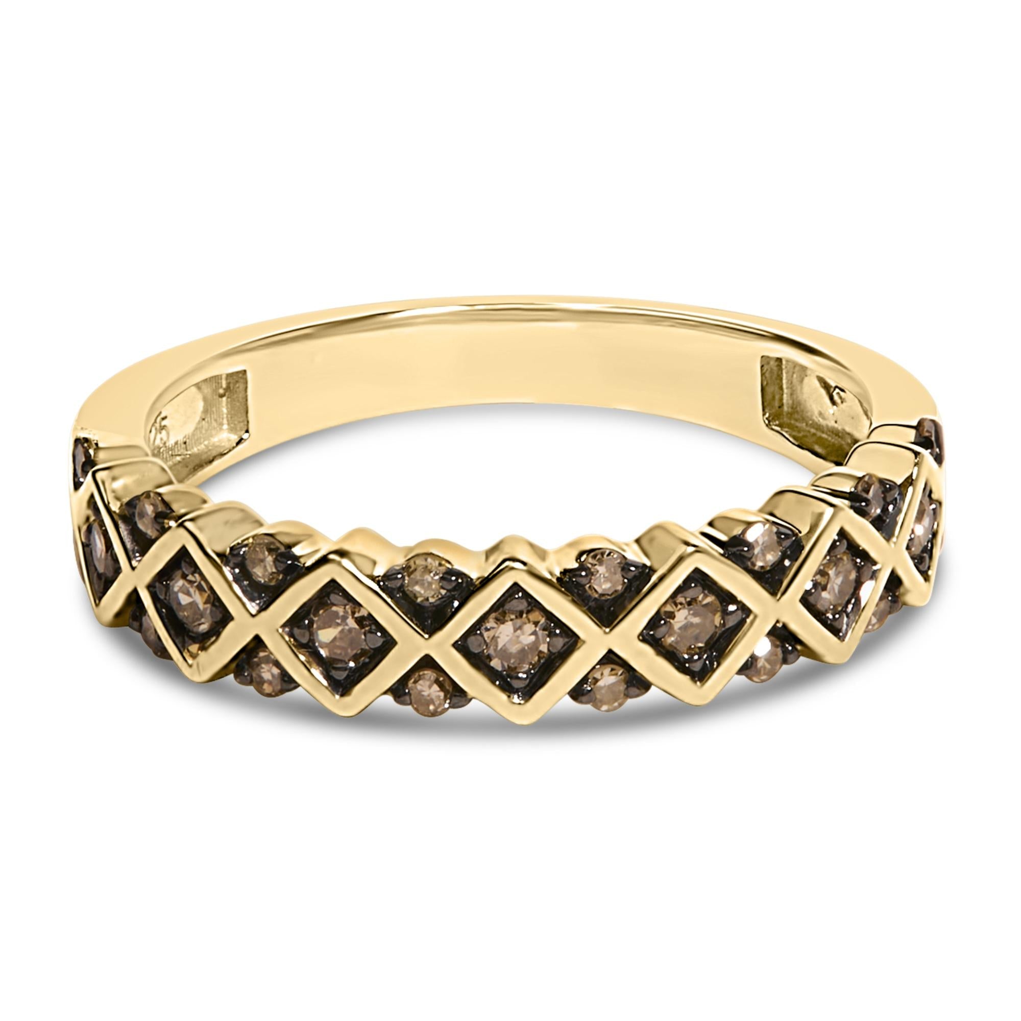 10K Yellow Gold Plated .925 Sterling Silver 1/4 Cttw Champagne Diamond Geometric Band Ring