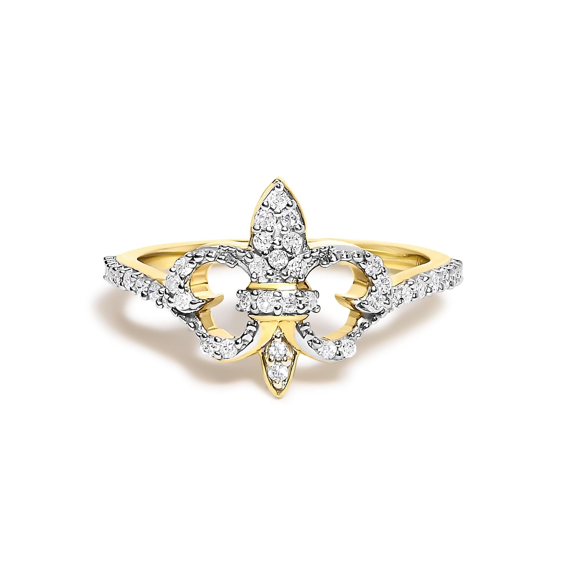 14K Yellow Gold Plated .925 Sterling Silver 1/4 Diamond Fleur-de-Lis Ring