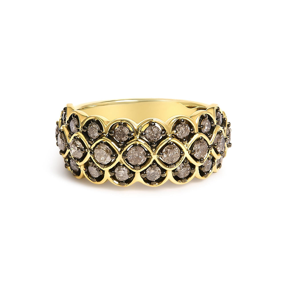 10K Yellow Gold Plated Sterling Silver 1.0 Cttw Brown Diamond Scalloped Motif Band Ring