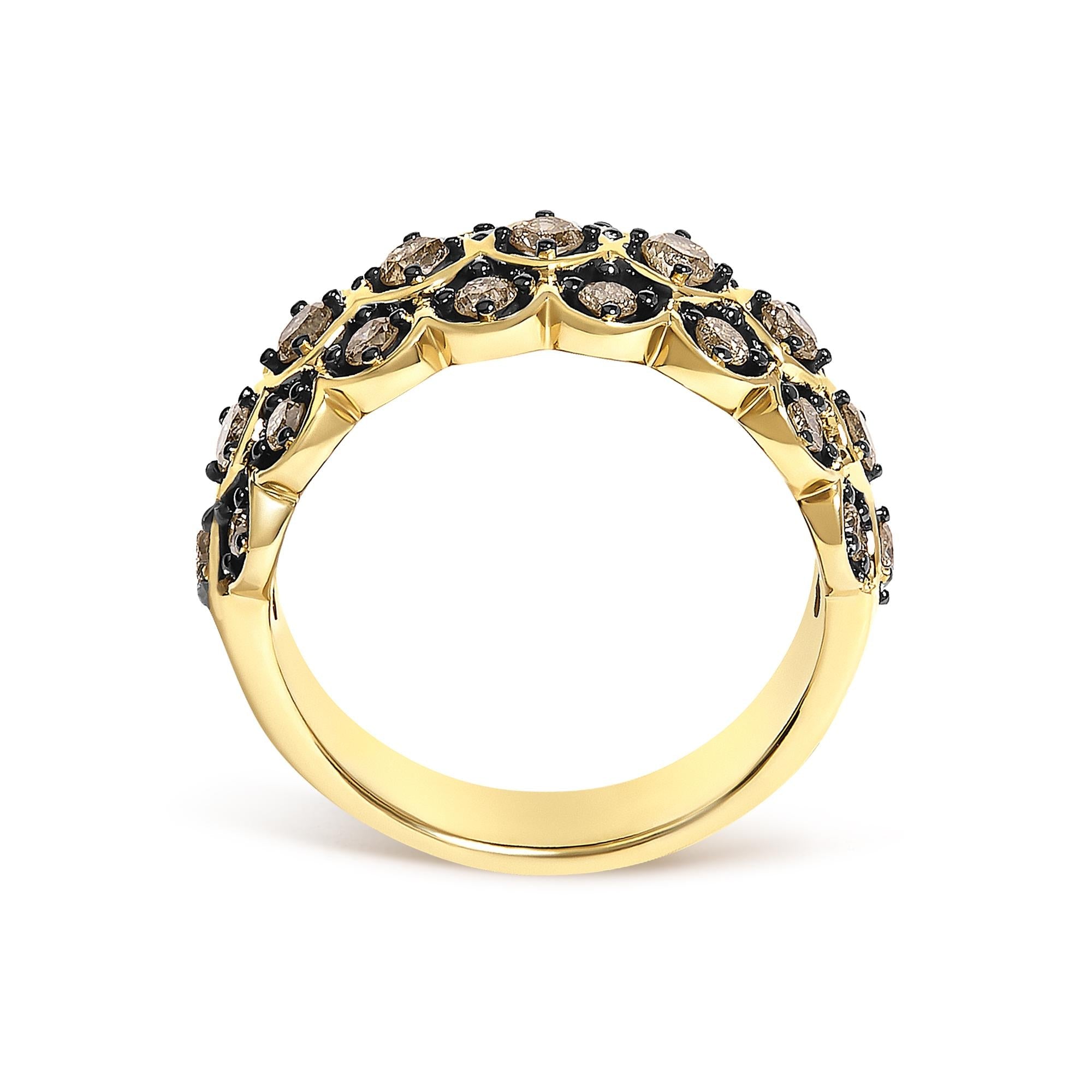 10K Yellow Gold Plated Sterling Silver 1.0 Cttw Brown Diamond Scalloped Motif Band Ring