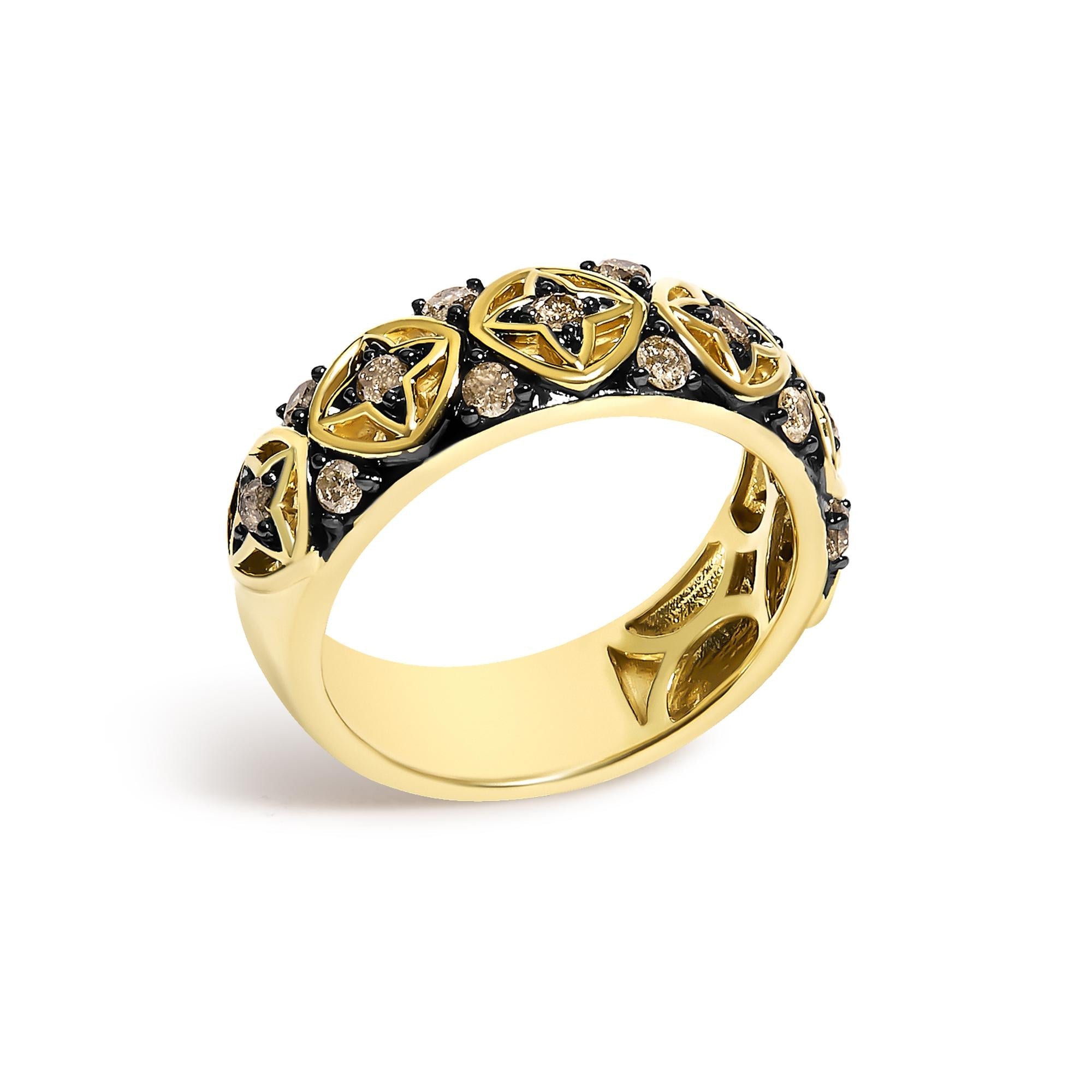 10K Yellow Gold Plated Sterling Silver 1/2 Cttw Champagne Diamond Star Motif Band Ring