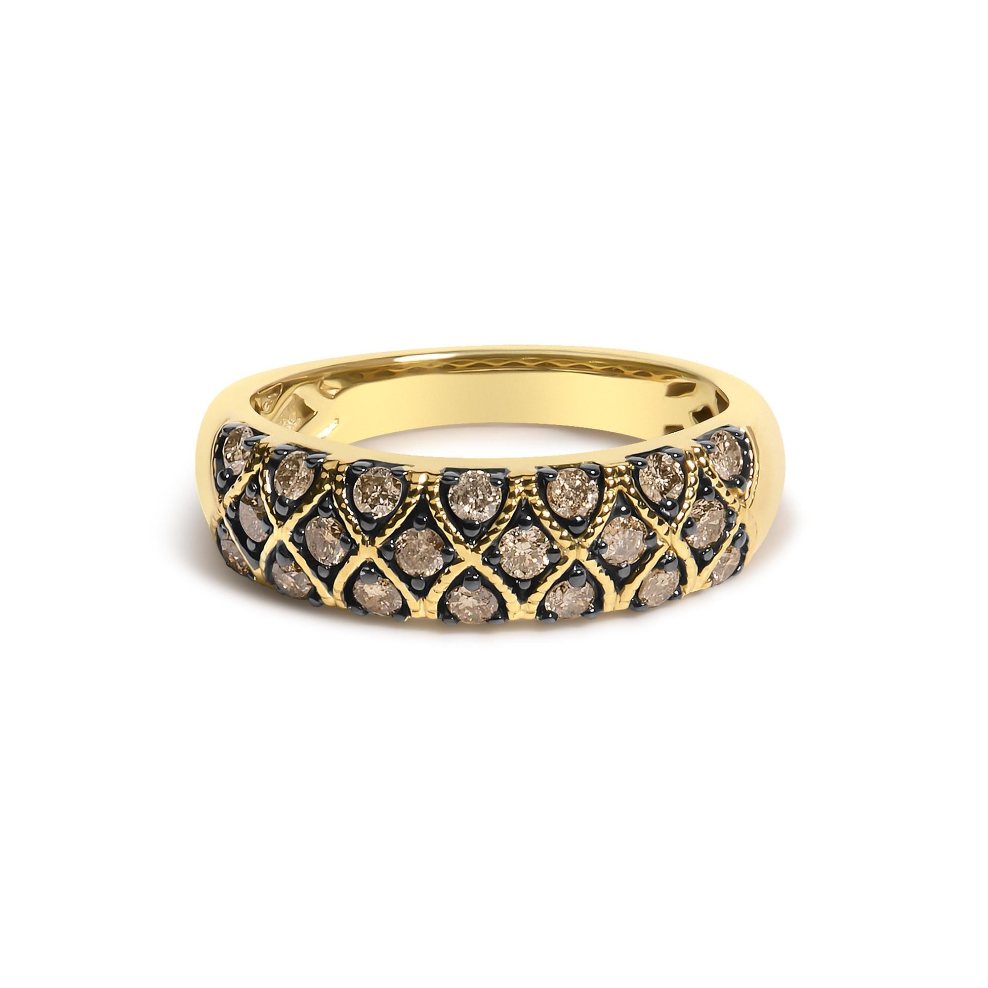 10K Yellow Gold Plated Sterling Silver 1/2 Cttw Champagne Diamond Lattice Pattern Band Ring