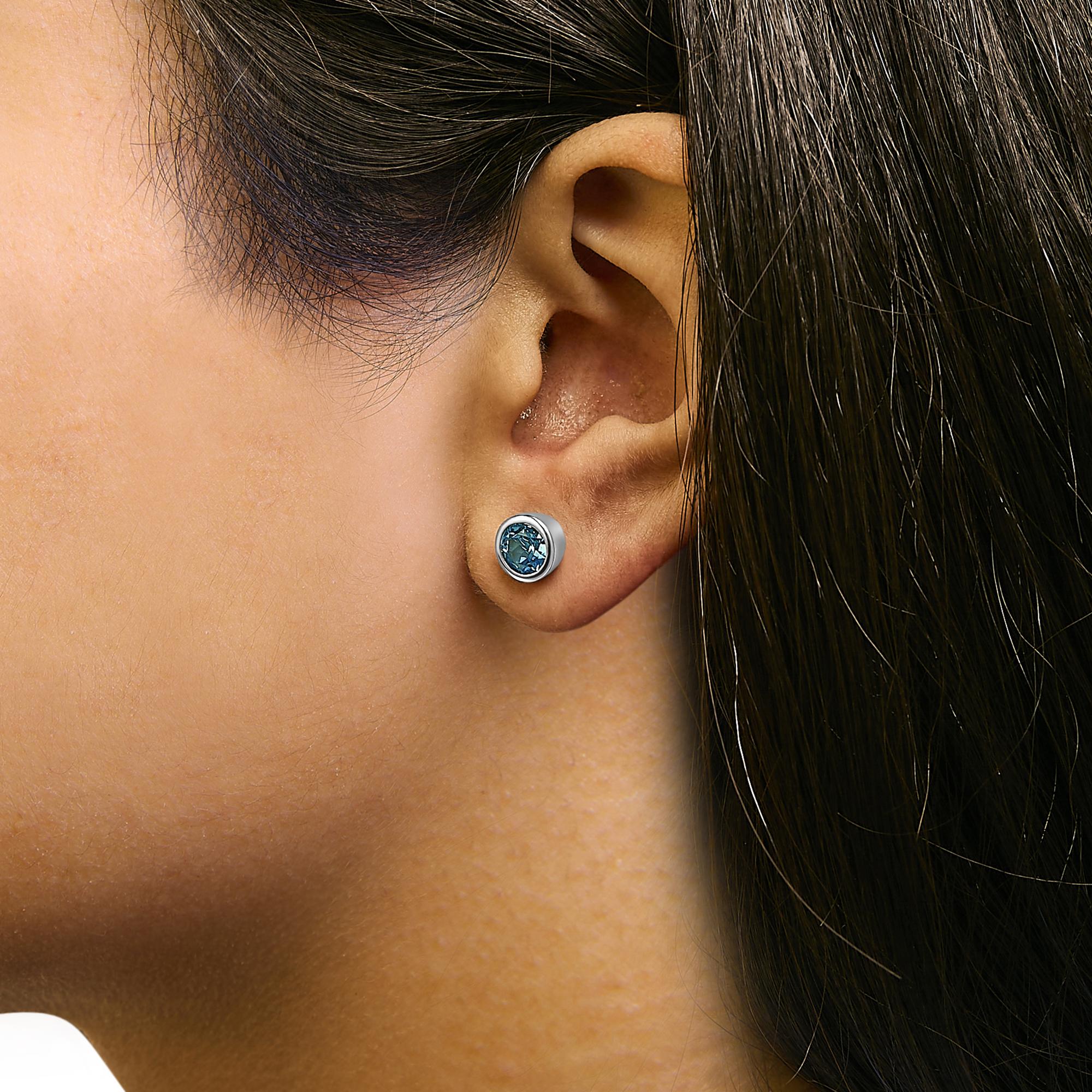 .925 Sterling Silver 6MM Bezel Set Created Gemstone Solitaire Stud Earrings
