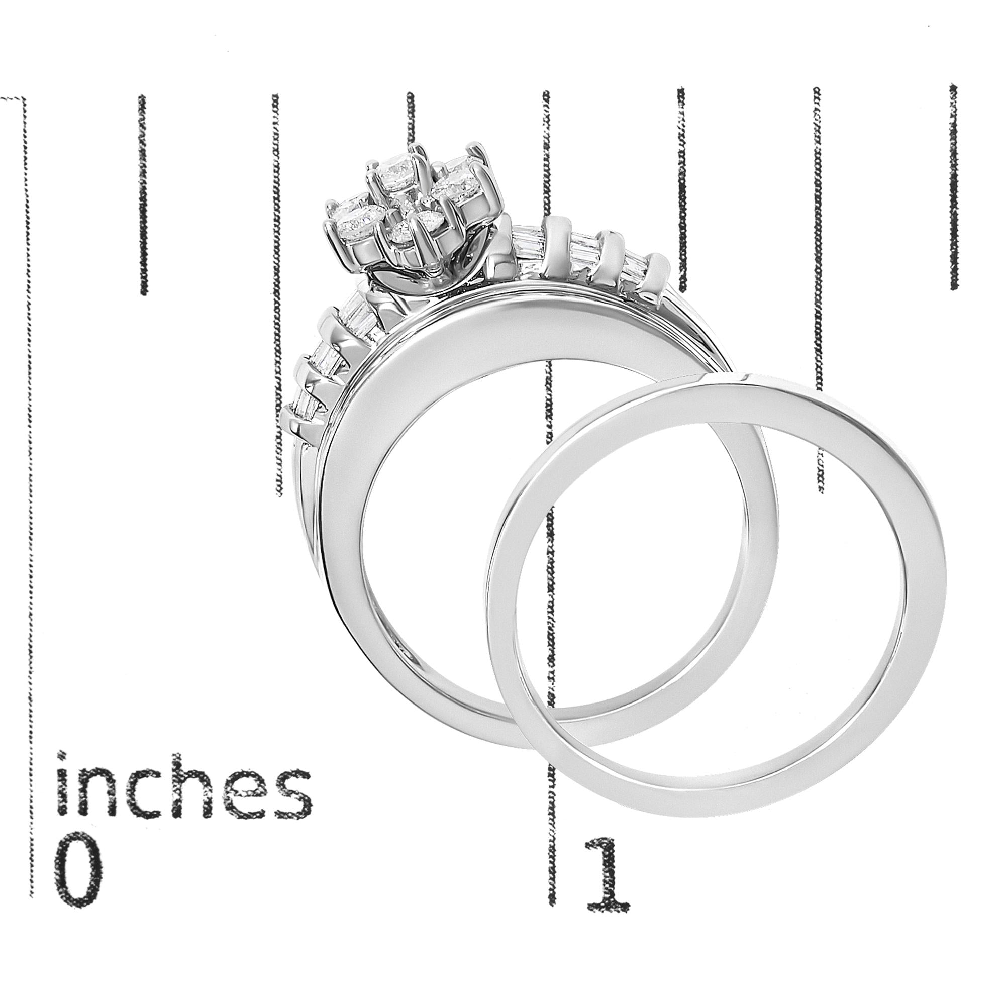 14K White Gold 1.0 Cttw Round and Baguette Diamond Cluster Bridal Set