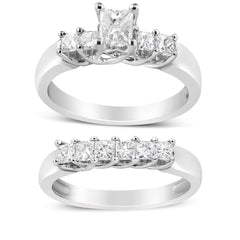 14K White Gold 1 1/2 Cttw 5 Stone Princess Diamond Engagement Wedding Ring Set (H-I Color, SI2-I1 Clarity)