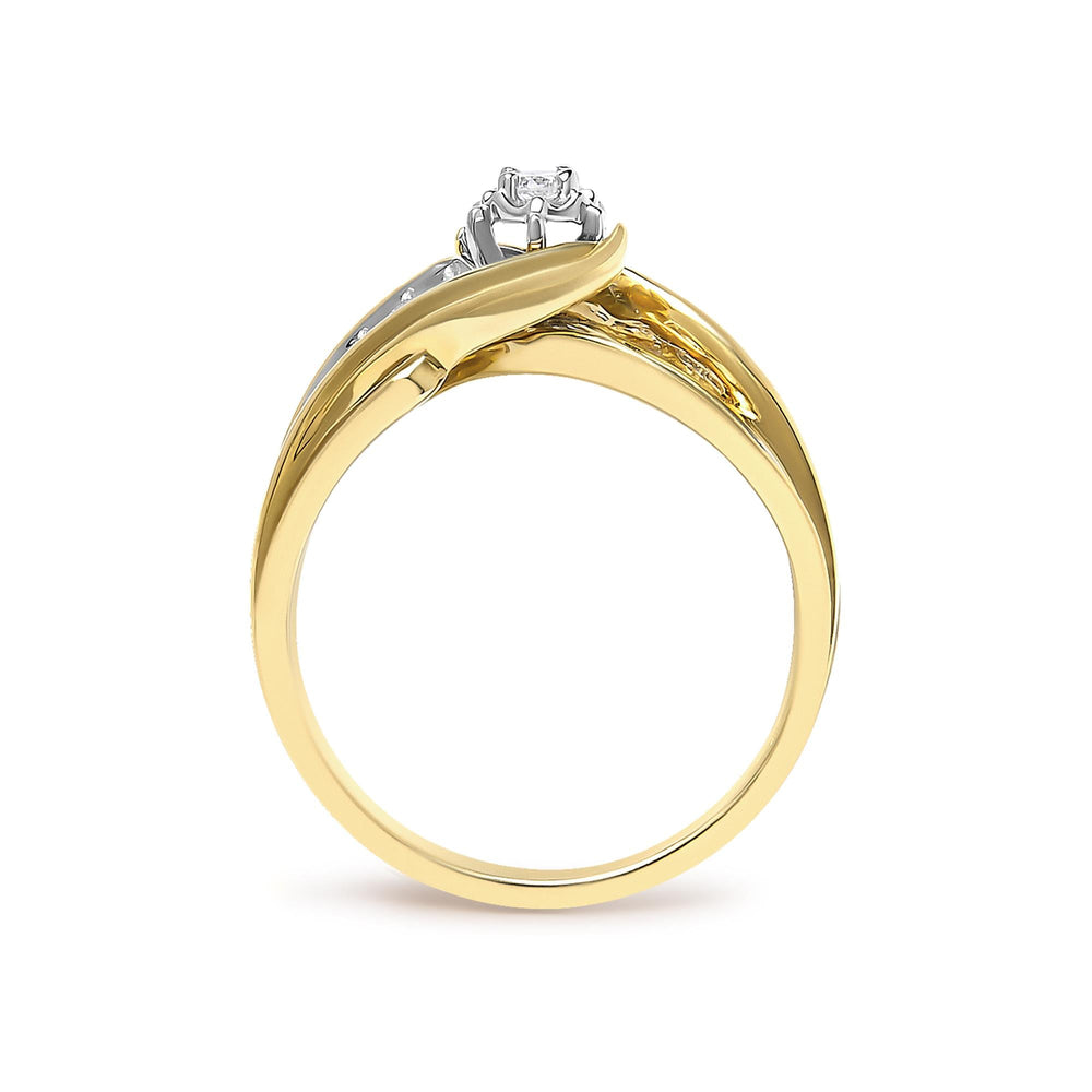 14K Yellow Gold 1/4 Cttw Round Diamond Wave Motif Bypass Ring