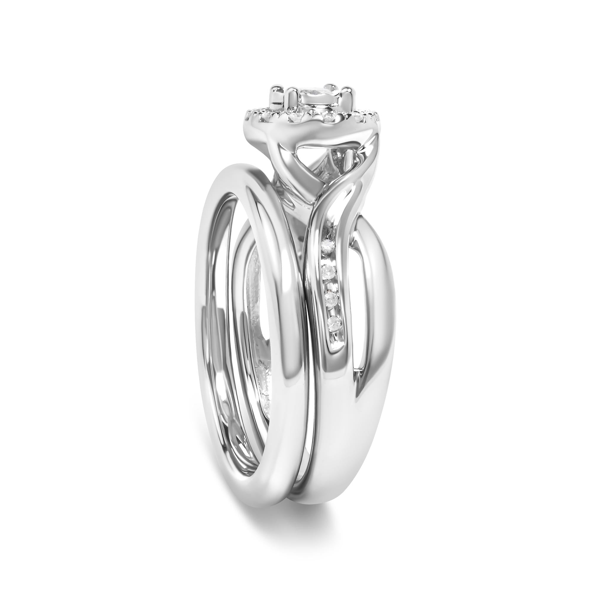 .925 Sterling Silver 1/7 Cttw Diamond Halo Bypass Engagement Ring and Wedding Band Set (I-J Color, I3 Clarity)