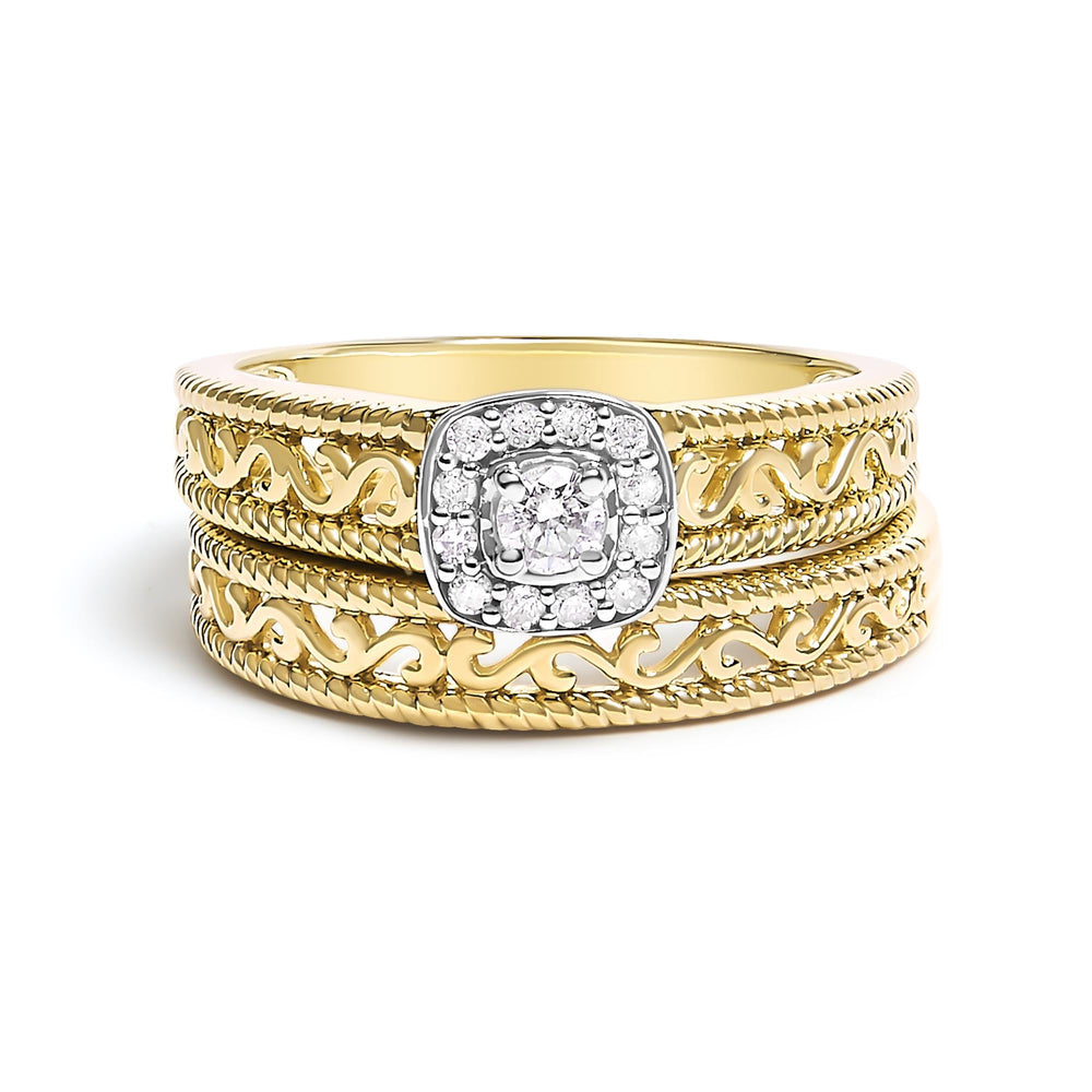 14K Yellow Gold Plated .925 Sterling Silver 1/5 Cttw Diamond Halo and Milgrain Finish Engagement Ring Bridal Set (I-J Color I3 Clarity)