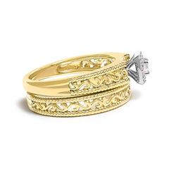14K Yellow Gold Plated .925 Sterling Silver 1/5 Cttw Diamond Halo and Milgrain Finish Engagement Ring Bridal Set (I-J Color I3 Clarity)