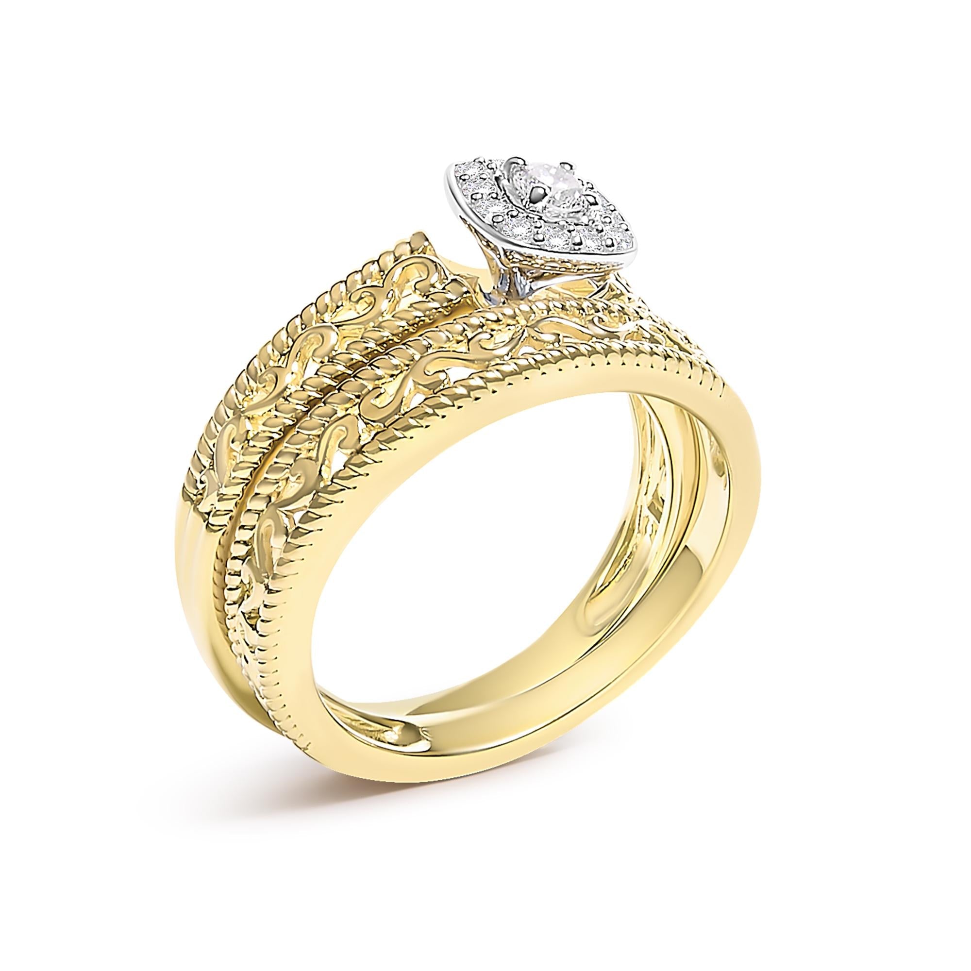 14K Yellow Gold Plated .925 Sterling Silver 1/5 Cttw Diamond Halo and Milgrain Finish Engagement Ring Bridal Set (I-J Color I3 Clarity)