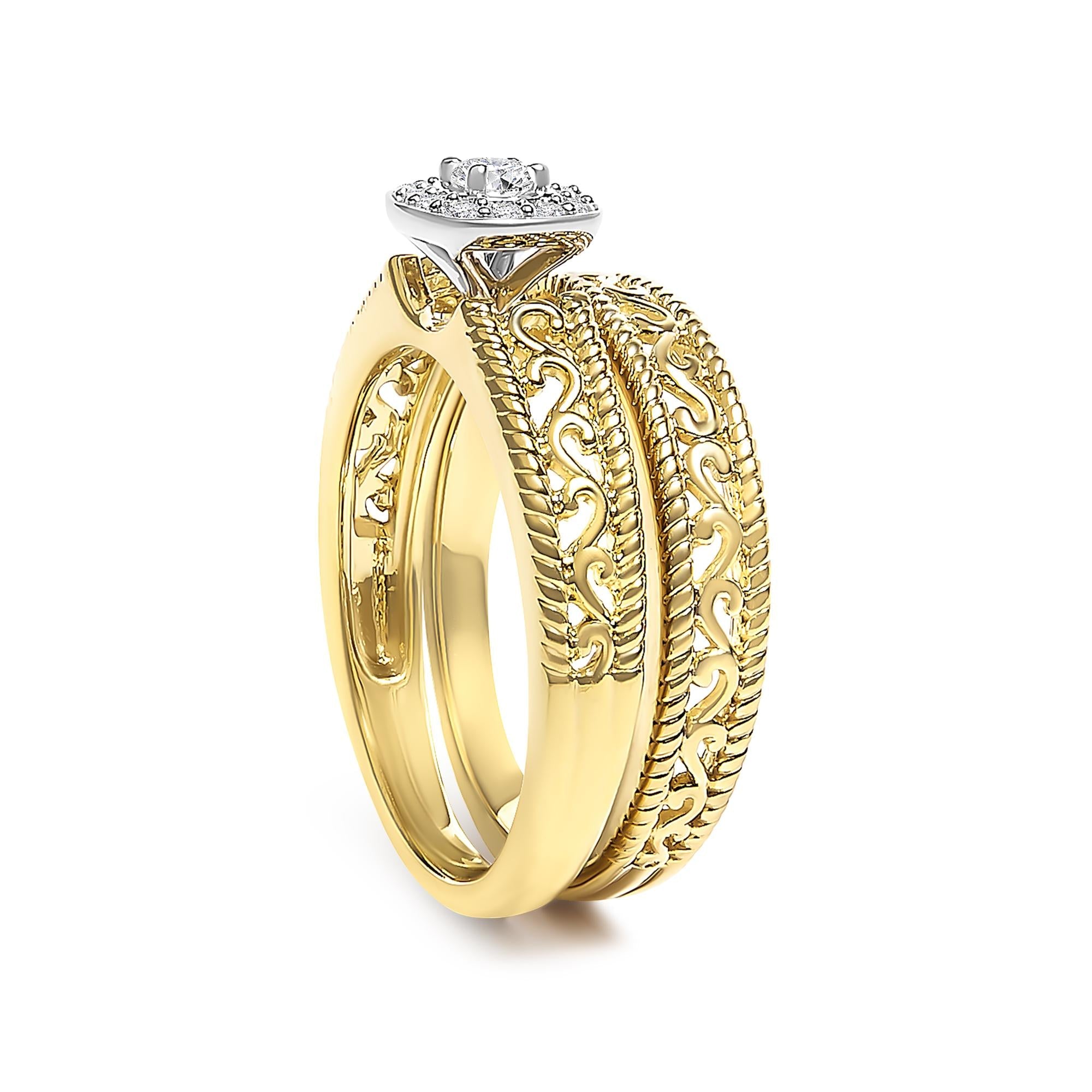 14K Yellow Gold Plated .925 Sterling Silver 1/5 Cttw Diamond Halo and Milgrain Finish Engagement Ring Bridal Set (I-J Color I3 Clarity)