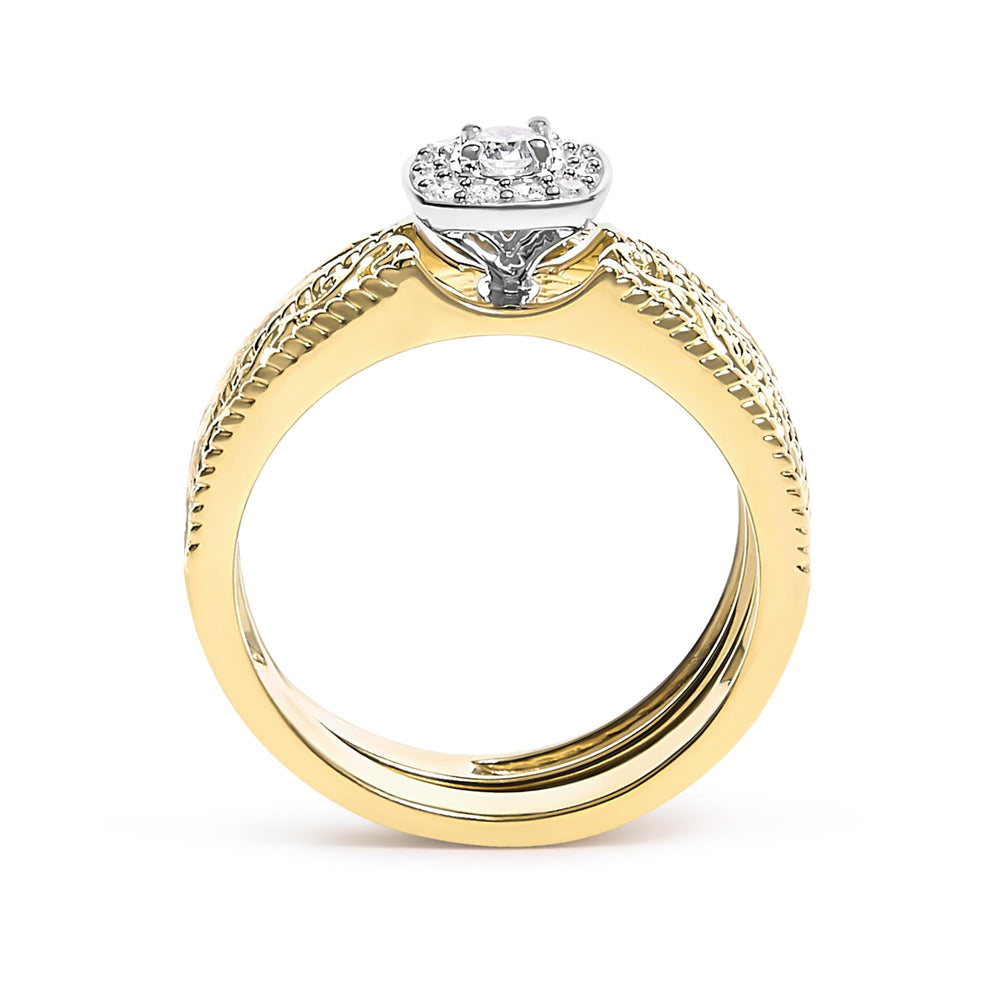 14K Yellow Gold Plated .925 Sterling Silver 1/5 Cttw Diamond Halo and Milgrain Finish Engagement Ring Bridal Set (I-J Color I3 Clarity)