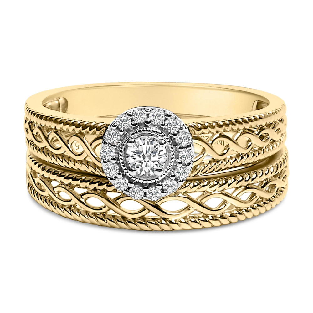 14K Yellow Gold Plated .925 Sterling Silver 1/5 Cttw Diamond Halo Engagement Ring and Wedding Band Set (I-J Color, I3 Clarity)
