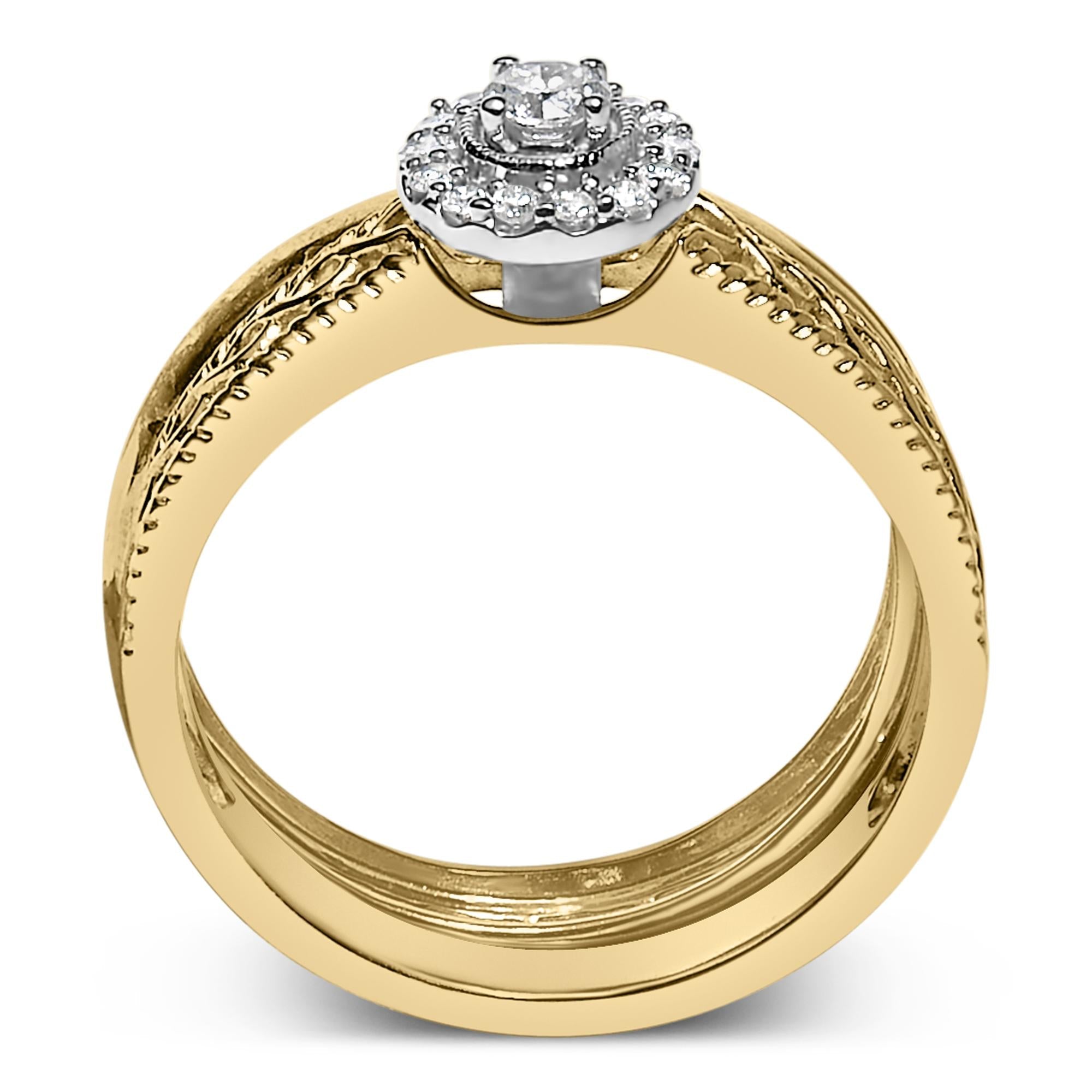 14K Yellow Gold Plated .925 Sterling Silver 1/5 Cttw Diamond Halo Engagement Ring and Wedding Band Set (I-J Color, I3 Clarity)