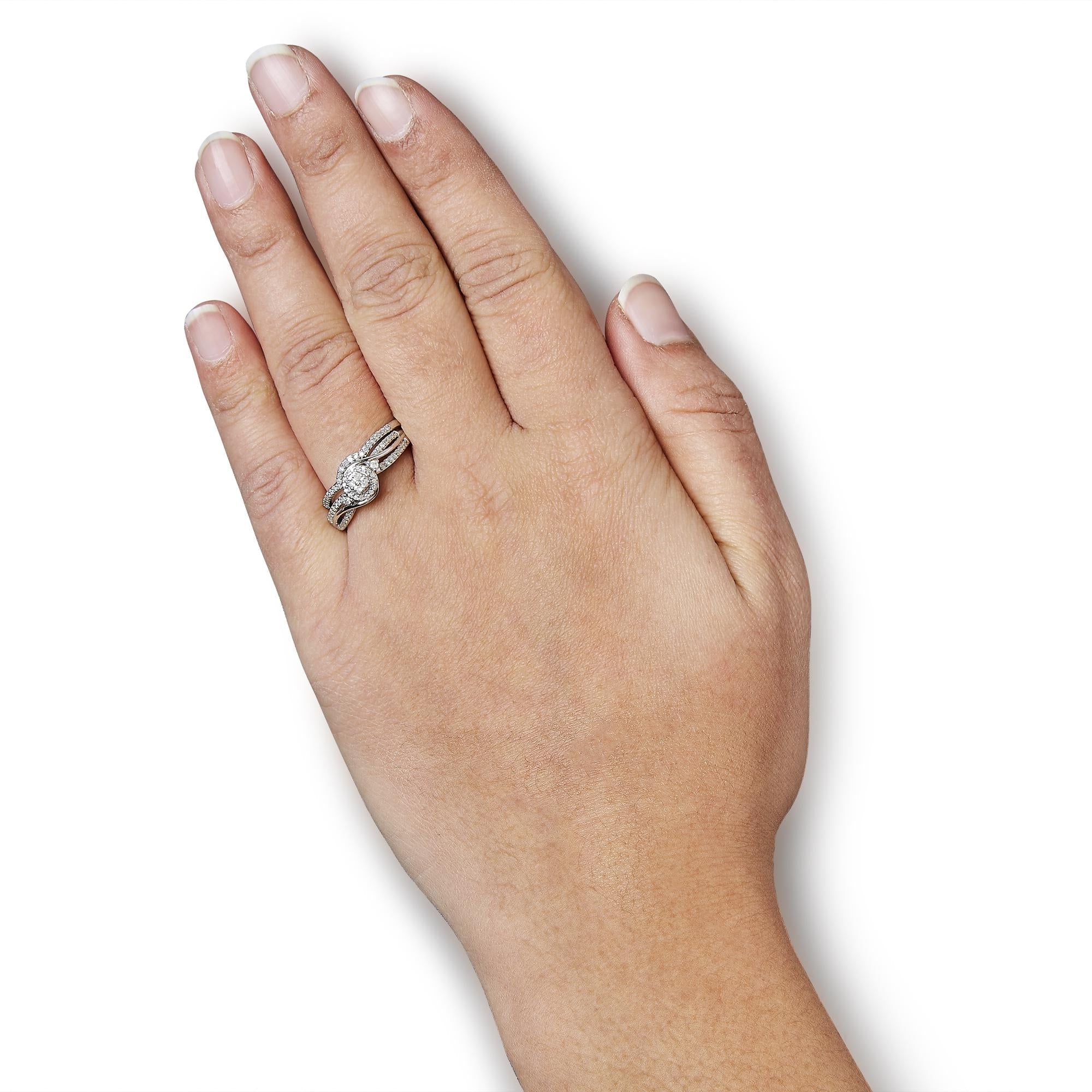 .925 Sterling Silver 1/3 Cttw Composite Diamond Frame Bypass Bridal Set Ring and Band (I-J Color, I2-I3 Clarity)