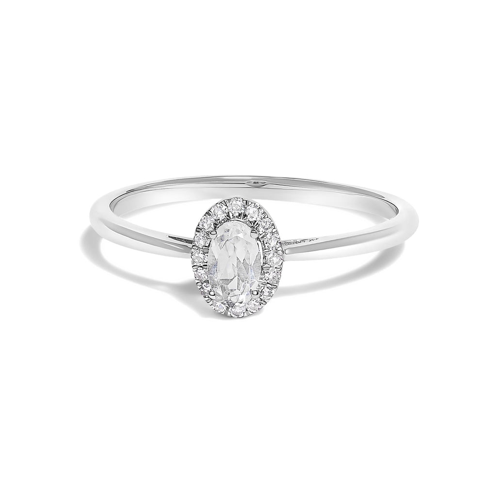 10K White Gold 5X3MM Oval Birthstone and Diamond Accent Halo Ring