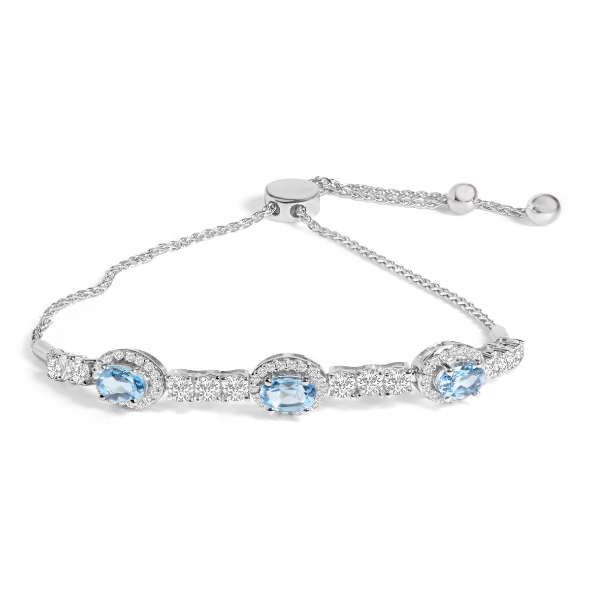 .925 Sterling Silver Swiss Blue Topaz and White Sapphire Bolo Bracelet