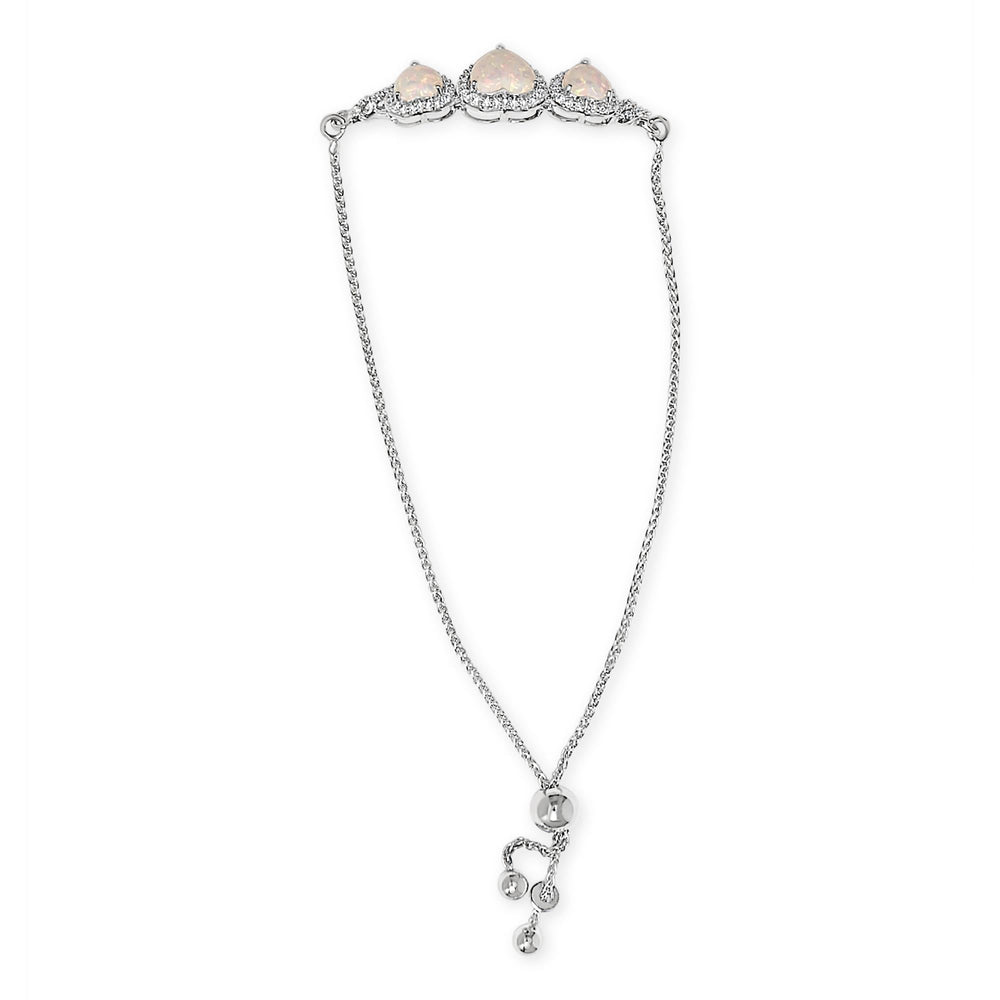 .925 Sterling Silver Created Opal Triple Heart and White Sapphire Bolo Bracelet