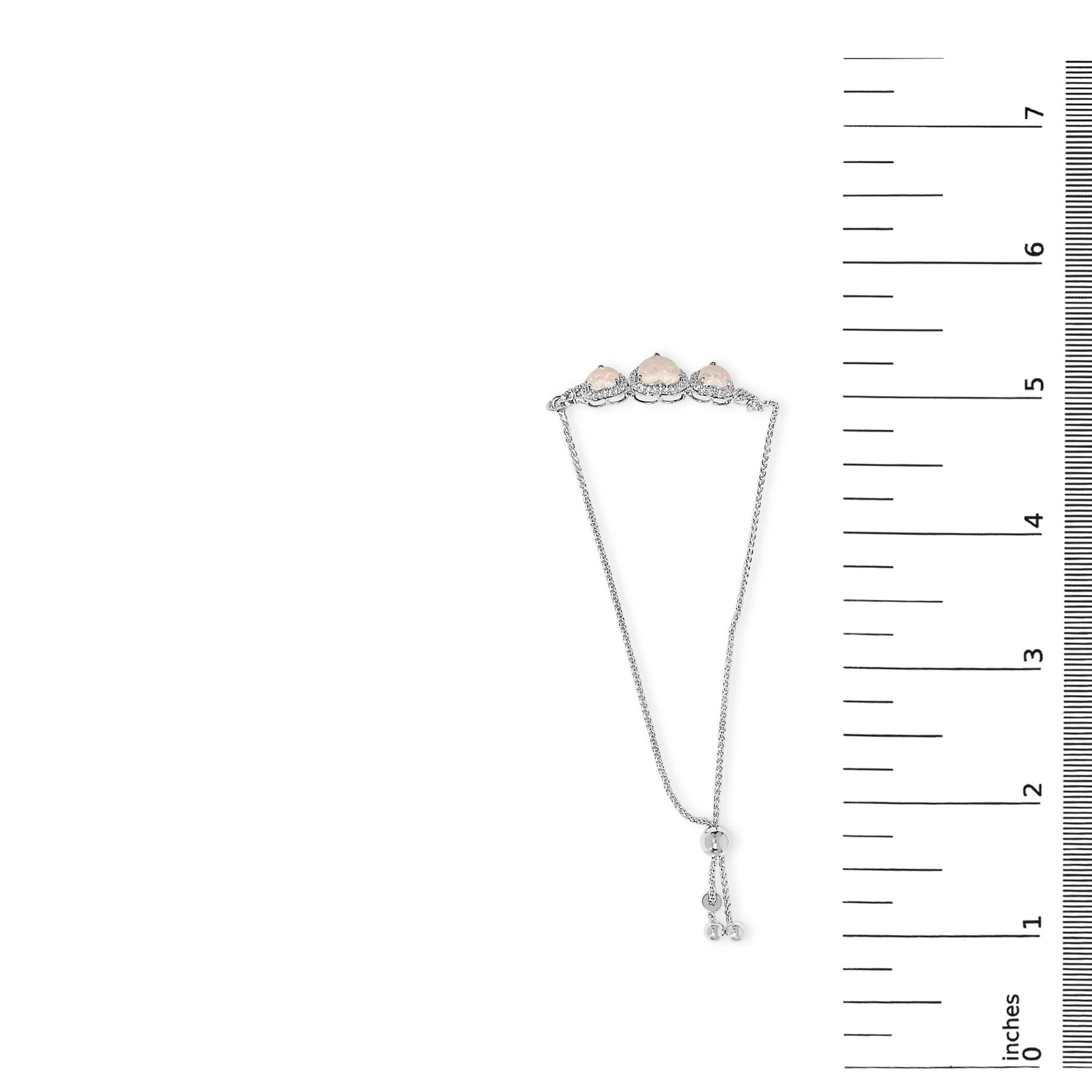 .925 Sterling Silver Created Opal Triple Heart and White Sapphire Bolo Bracelet