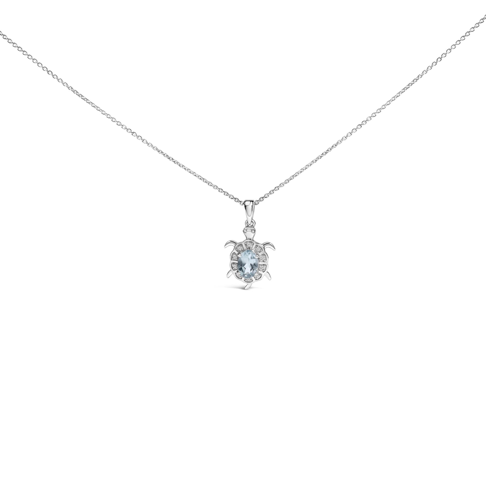 .925 Sterling Silver Created Blue Topaz and Sapphire Turtle Pendant Necklace