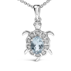 .925 Sterling Silver Created Blue Topaz and Sapphire Turtle Pendant Necklace
