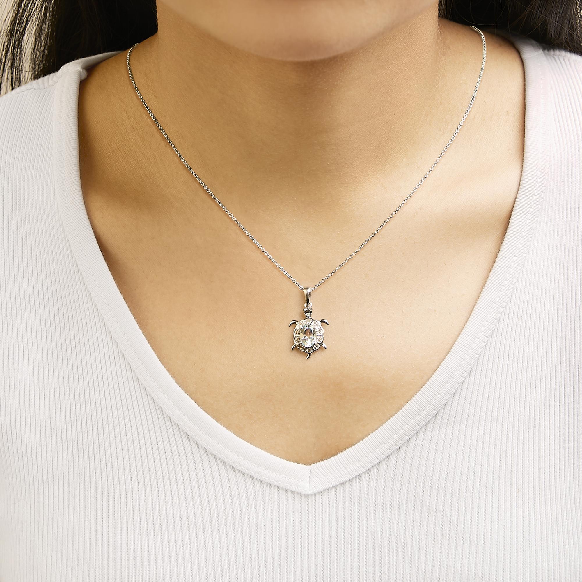 .925 Sterling Silver Created Blue Topaz and Sapphire Turtle Pendant Necklace