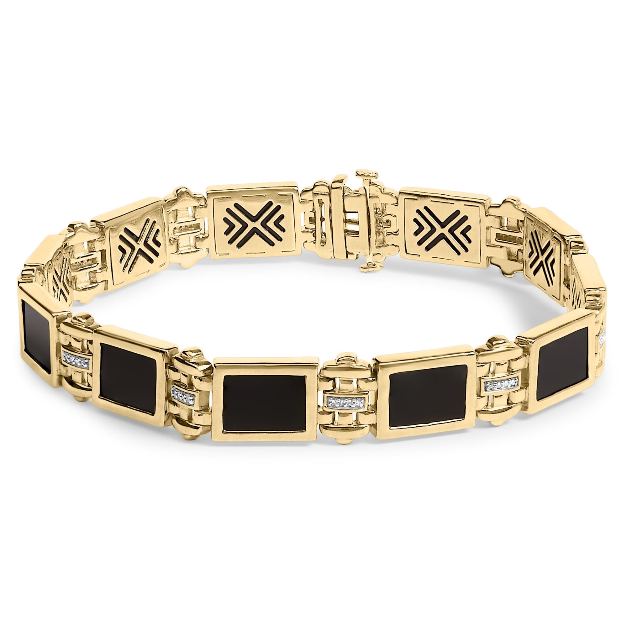 Men's 14K Yellow Gold Plated .925 Sterling Silver 1/10 Cttw Diamond and Black Onyx Panel Link Bracelet