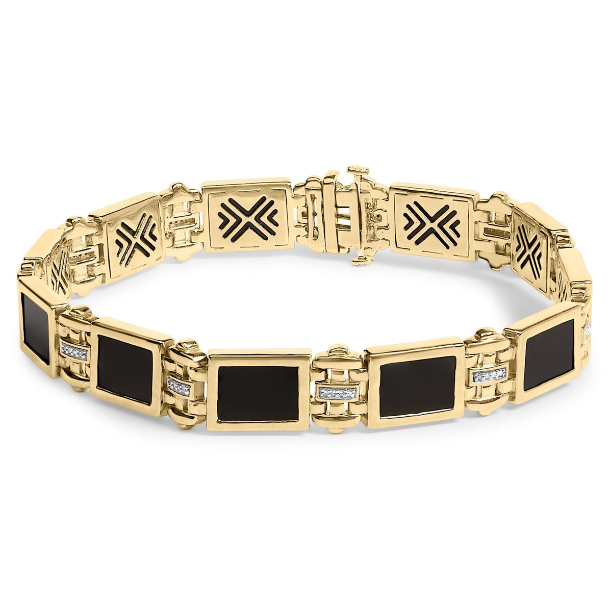 Men's 14K Yellow Gold Plated .925 Sterling Silver 1/10 Cttw Diamond and Black Onyx Panel Link Bracelet