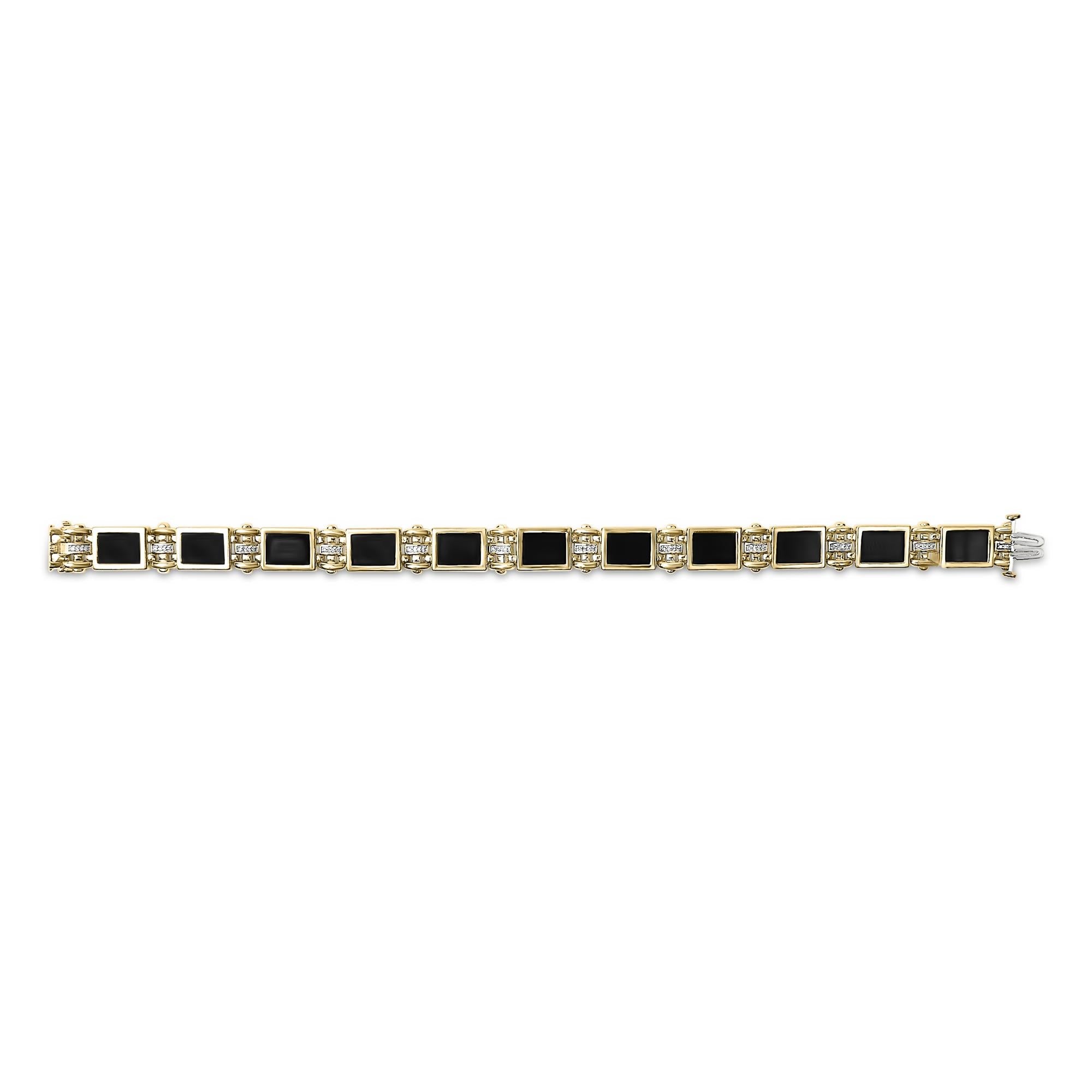 Men's 14K Yellow Gold Plated .925 Sterling Silver 1/10 Cttw Diamond and Black Onyx Panel Link Bracelet