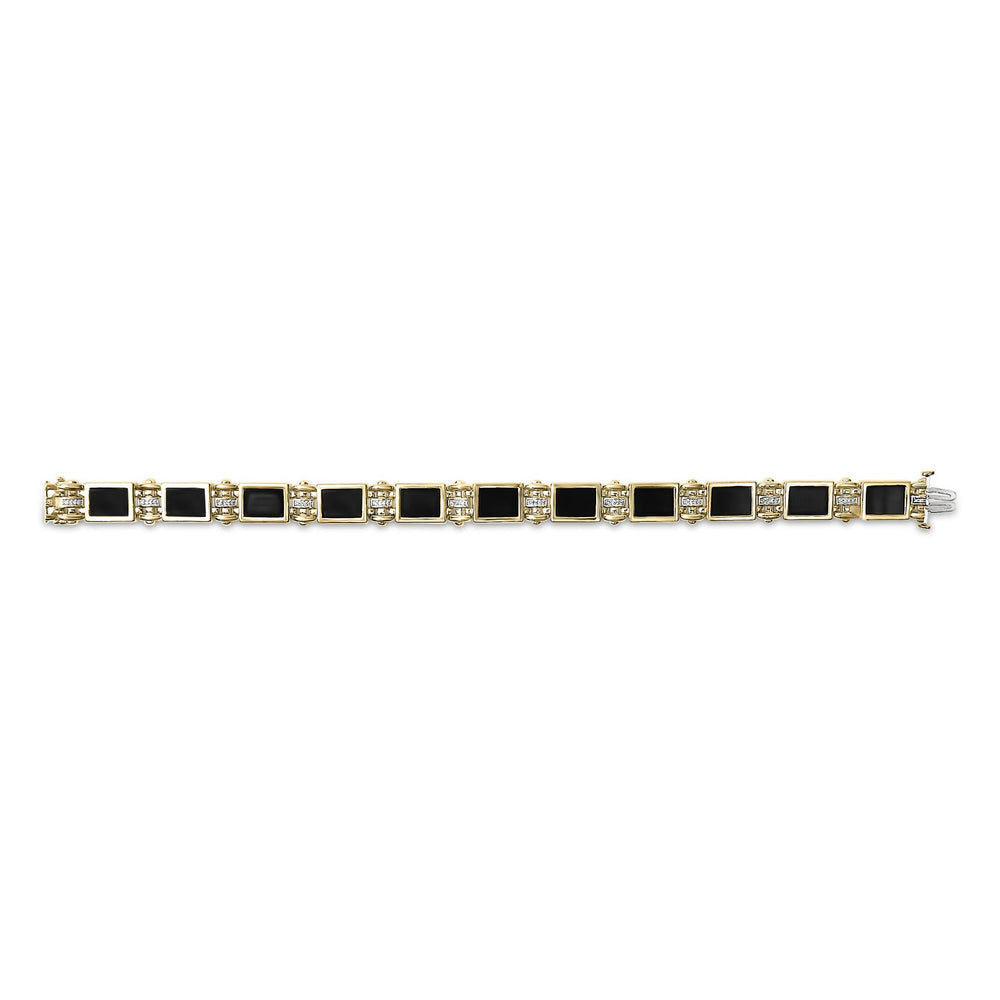 Men's 14K Yellow Gold Plated .925 Sterling Silver 1/10 Cttw Diamond and Black Onyx Panel Link Bracelet
