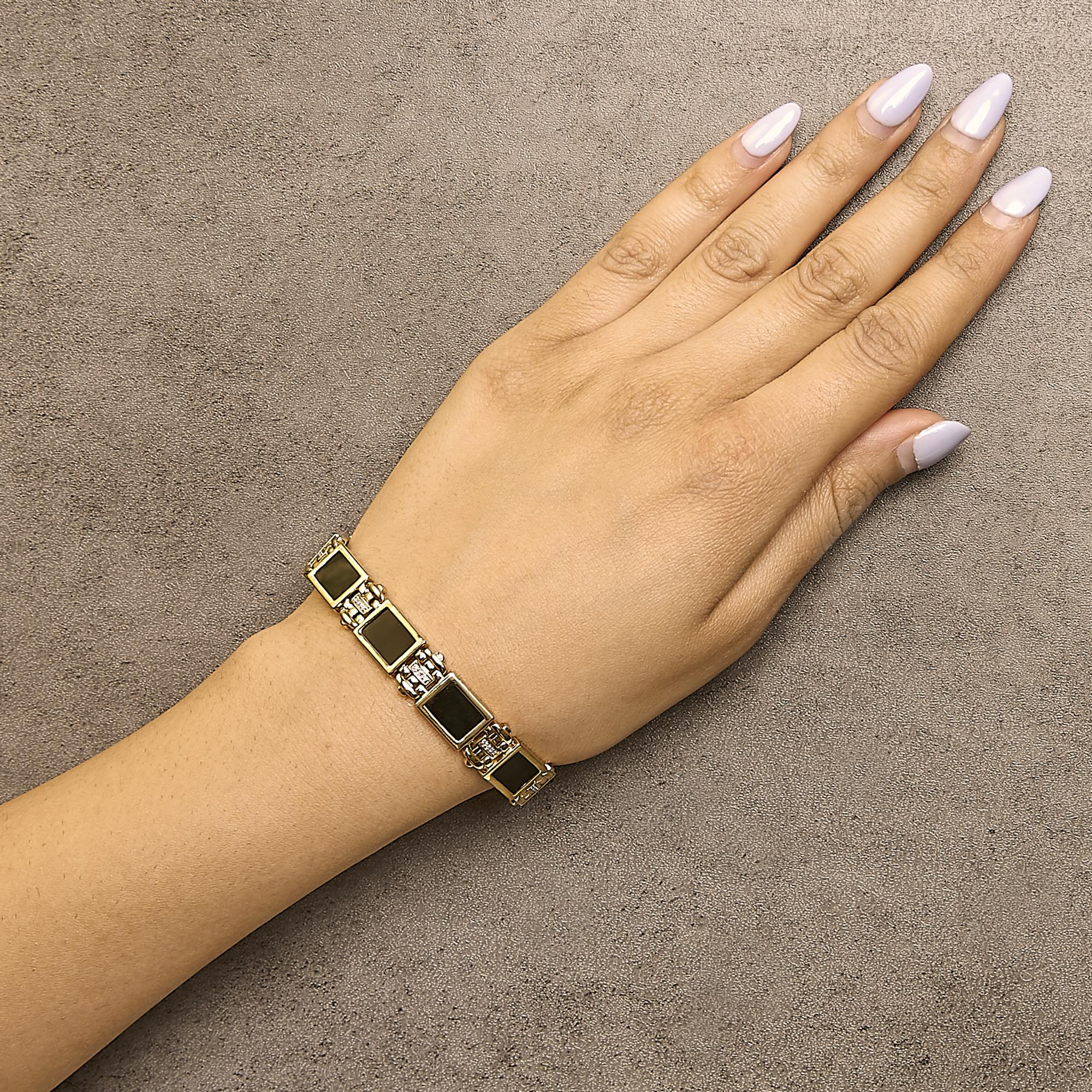 Men's 14K Yellow Gold Plated .925 Sterling Silver 1/10 Cttw Diamond and Black Onyx Panel Link Bracelet