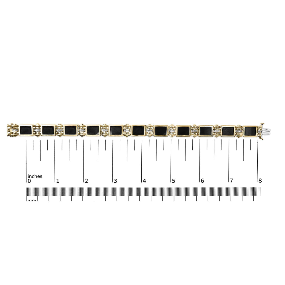 Men's 14K Yellow Gold Plated .925 Sterling Silver 1/10 Cttw Diamond and Black Onyx Panel Link Bracelet