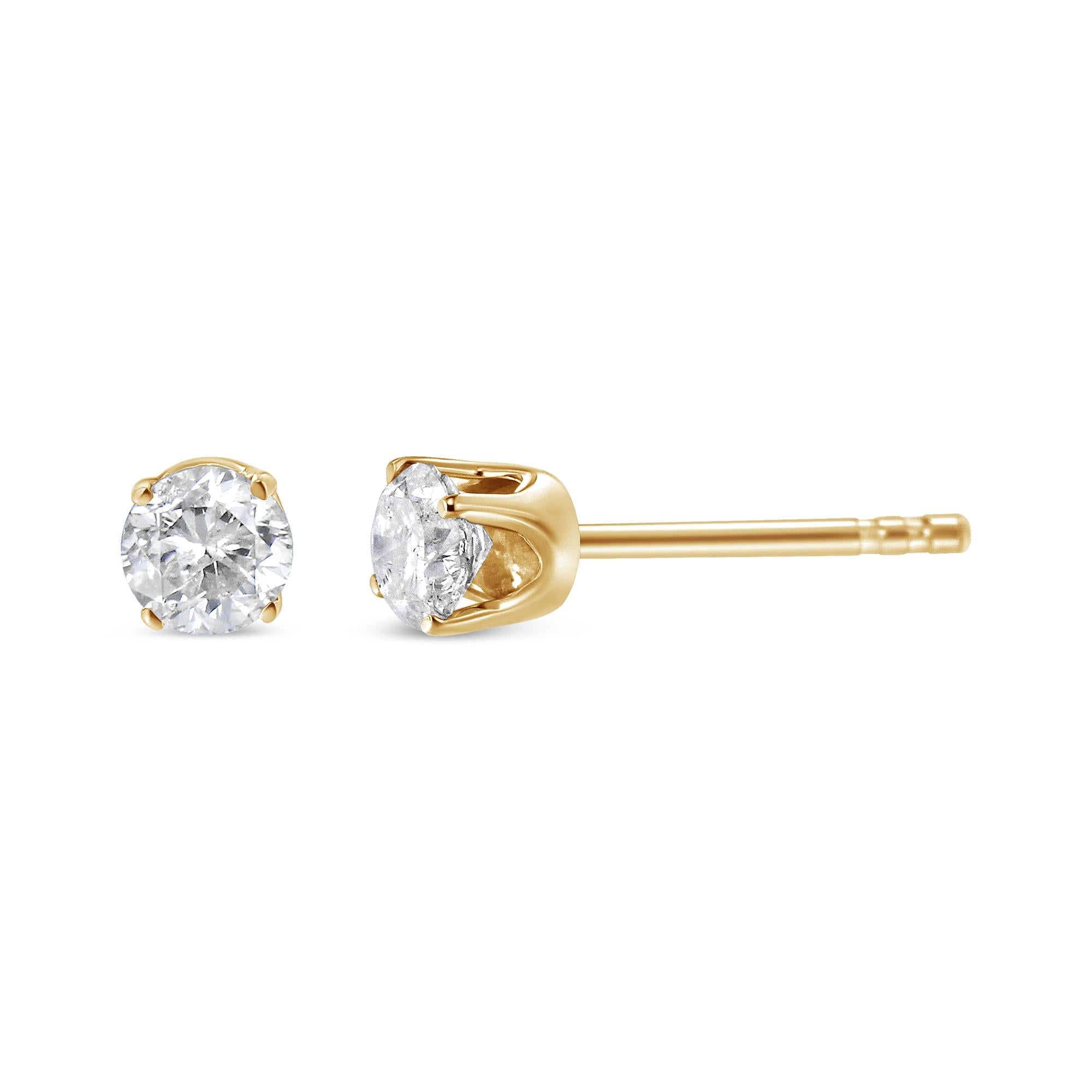 AGS Certified 14k Yellow Gold 3/8 cttw 4-Prong Set Brilliant Round-Cut Solitaire Diamond Push Back Stud Earrings (Q-R Color, SI2-I1 Clarity)