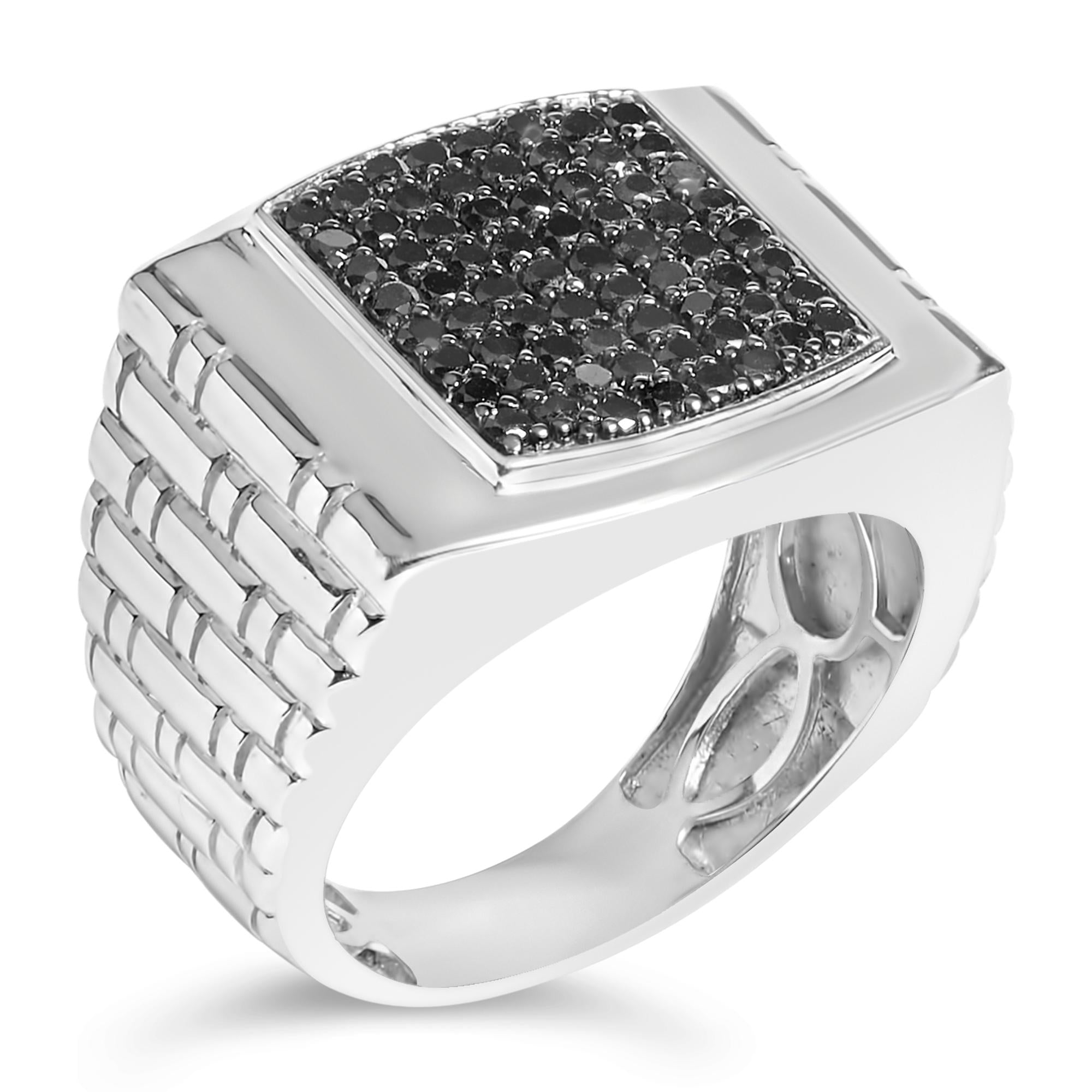 .925 Sterling Silver 1 1/4 Cttw Treated Black Diamond Cluster Men's Band Ring (Black Color, I2-I3 Clarity)