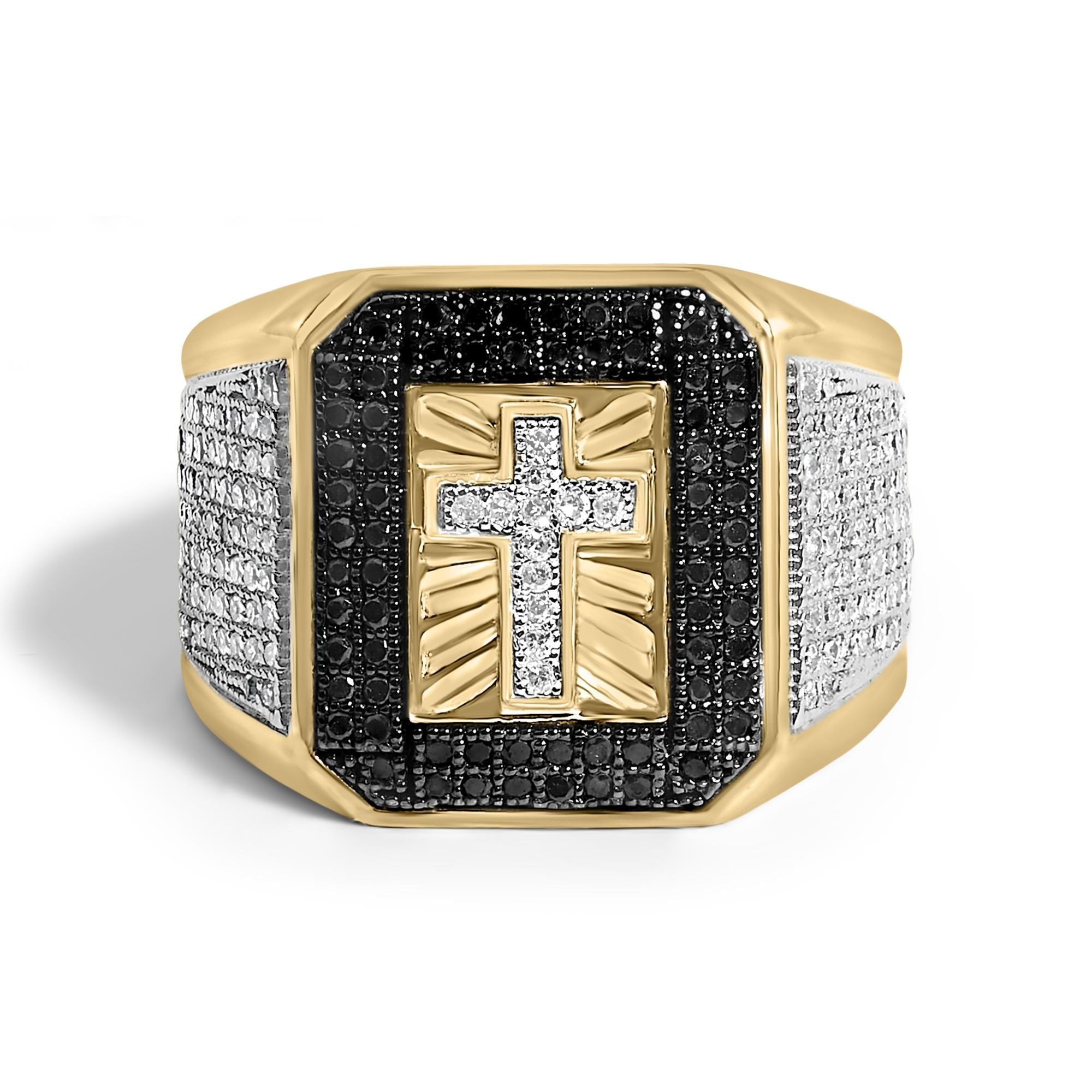 Men's 14K Yellow Gold Plated .925 Sterling Silver 1 1/2 Cttw White and Black Diamond Cross Signet Ring