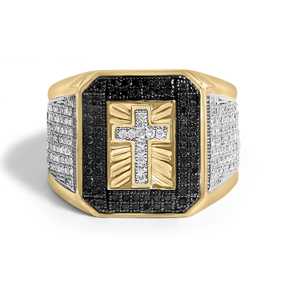 Men's 14K Yellow Gold Plated .925 Sterling Silver 1 1/2 Cttw White and Black Diamond Cross Signet Ring