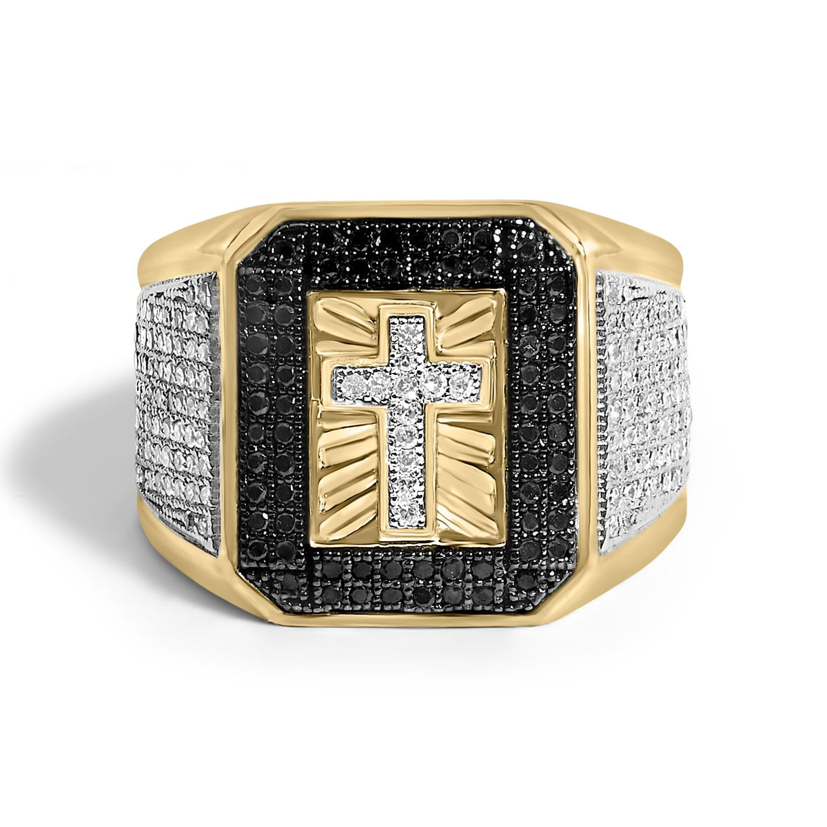 Men's 14K Yellow Gold Plated .925 Sterling Silver 1 1/2 Cttw White and Black Diamond Cross Signet Ring