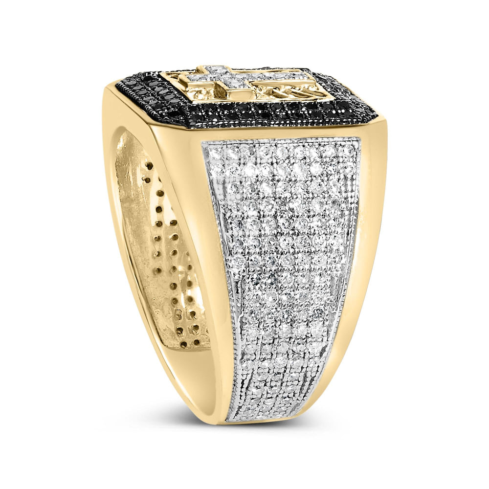 Men's 14K Yellow Gold Plated .925 Sterling Silver 1 1/2 Cttw White and Black Diamond Cross Signet Ring