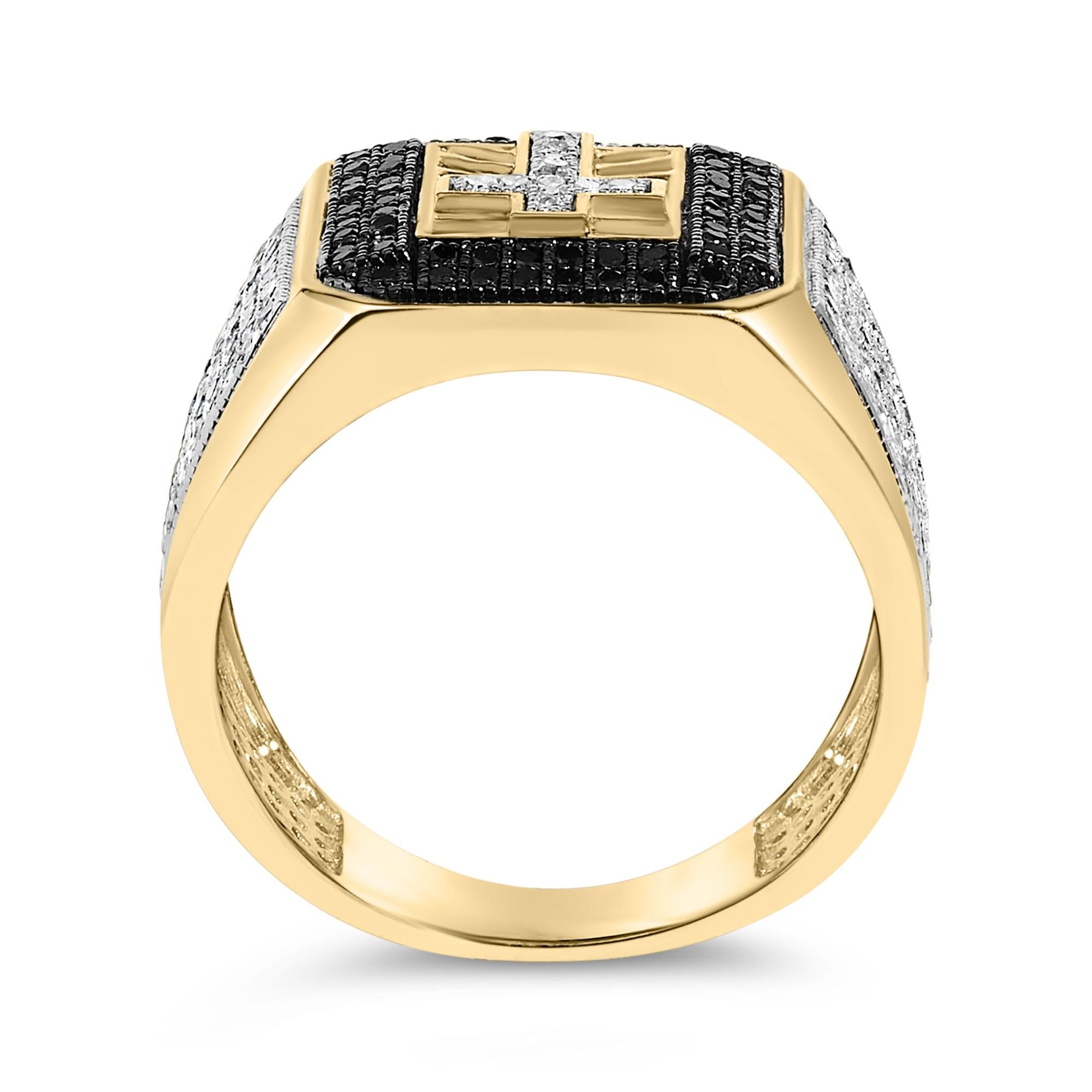 Men's 10K Yellow Gold 1 1/2 Cttw White and Black Diamond Cross Signet Ring