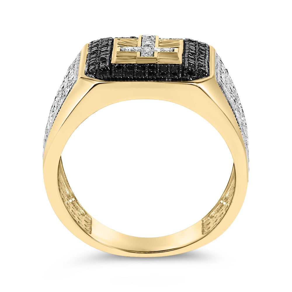 Men's 14K Yellow Gold Plated .925 Sterling Silver 1 1/2 Cttw White and Black Diamond Cross Signet Ring