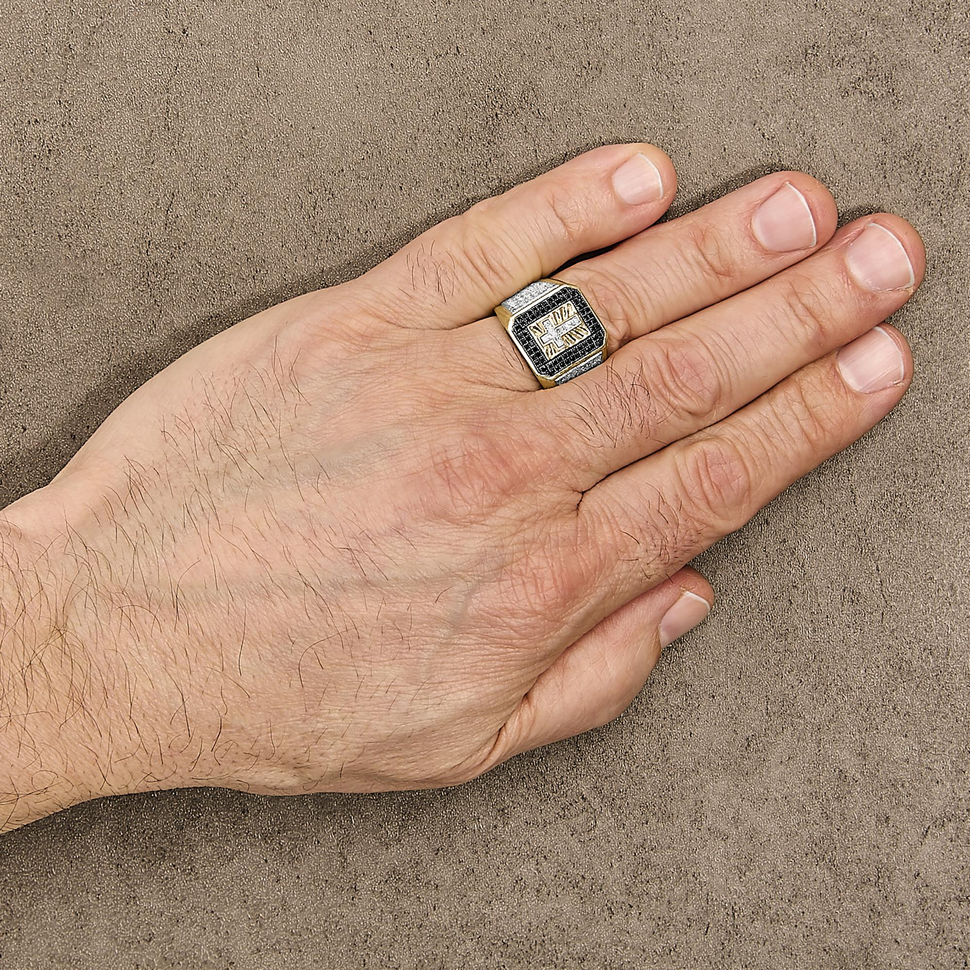 Men's 14K Yellow Gold Plated .925 Sterling Silver 1 1/2 Cttw White and Black Diamond Cross Signet Ring