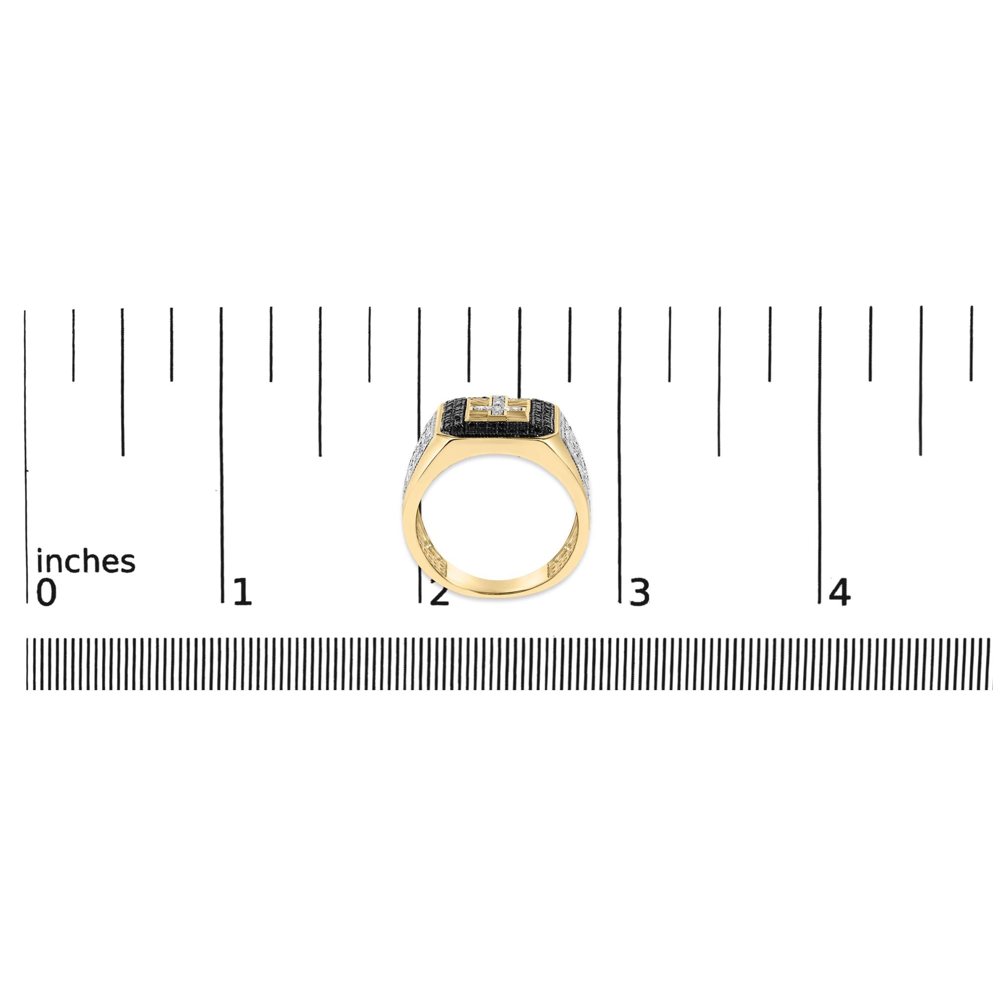 Men's 10K Yellow Gold 1 1/2 Cttw White and Black Diamond Cross Signet Ring